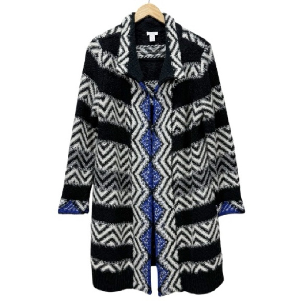 Chico’s Black White Blue Chevron Knit Long Cardigan Sweater Coat Size 2 (Large